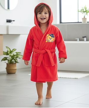 Babyhug Terry Knit Full Sleeves Hooded Animal Embroidery Patch - Red