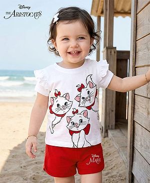 Babyhug Disney Single Jersey Knit Half Frill Sleeves T-Shirt with Shorts Set and Marie Graphic - Red & White