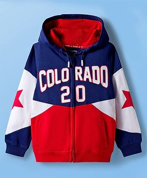 Pine Kids Cotton Knit Full Sleeves Hooded Sweatjacket With Colorado Print - Navy Blue Red & White