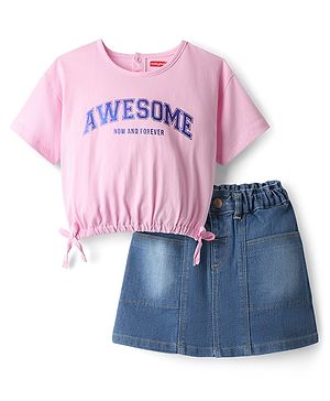 Babyhug Single Jersey Knit Half Sleeves Top & Denim Skirt Set with Text Print - Pink & Blue