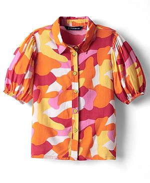 Pine Kids Woven Puff Sleeves Shirt Style Top With Abstract Print - Orange