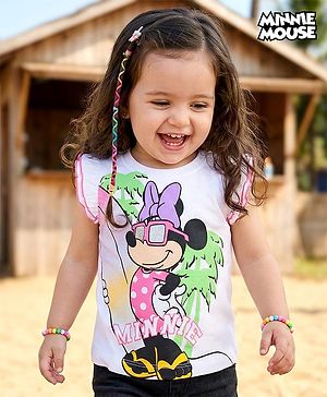 Babyhug Disney Single Jersey Knit Frill Sleeves T-Shirt with Minnie Mouse Graphics - White