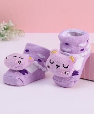 Cute Walk by Babyhug Fabric Socks With Heart Design & Cat Applique - Lavender