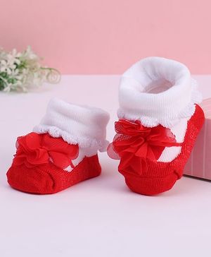 Cute Walk by Babyhug Fabric Socks With Floral Applique - Red & White