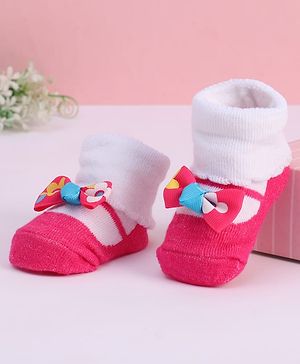 Cute Walk by Babyhug Fabric Socks With Bow Applique - Dark Pink & White