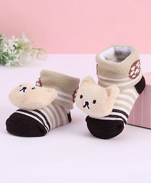 Cute Walk by Babyhug Striped Fabric Socks With Teddy Bear Applique - Beige