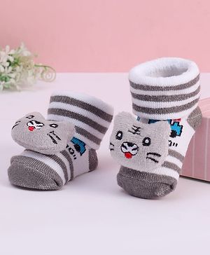 Cute Walk by Babyhug Striped Fabric Socks With Cat Applique - Brown & White