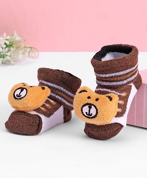 Cute Walk by Babyhug Designed Socks With Bear Applique - Brown