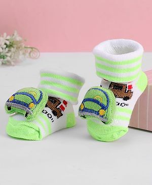 Cute Walk by Babyhug Ankle Length Sock Shoes with Vehicle Applique & Stripes - Neon Green