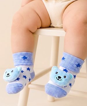 Cute Walk by Babyhug Ankle Length Sock Shoes with Star Design & Bear Applique - Light Blue