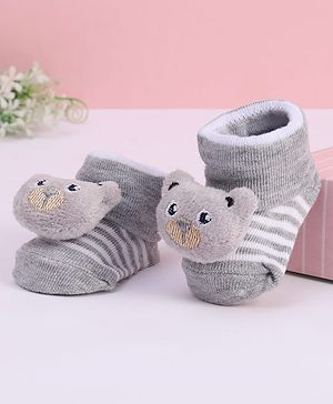 Cute Walk by Babyhug Striped Fabric Socks With Teddy Bear Applique - Grey