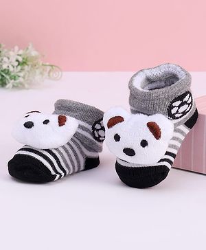 Cute Walk by Babyhug Striped Fabric Socks With Animal Applique - Grey