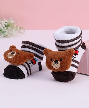 Cute Walk by Babyhug Striped Fabric Socks With Teddy Bear Applique - Brown & White