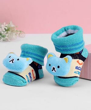Cute Walk by Babyhug Ankle Length Sock Shoes with ABC Design & Bear Applique - Turquoise