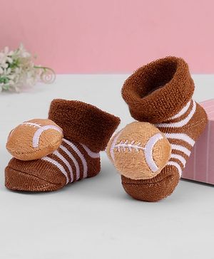 Cute Walk by Babyhug Ankle Length Sock Shoes with Stripes & Ball Applique - Brown