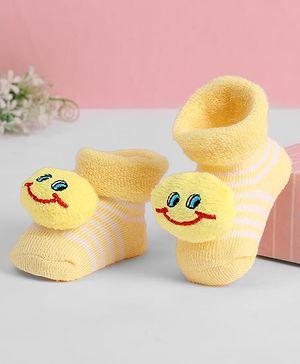 Cute Walk by Babyhug Ankle Length Sock Shoes with Stripes & Smiley Applique - Yellow