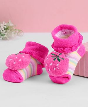 Cute Walk by Babyhug Ankle Length Sock Shoes with Stripes & Fruit Applique - Pink