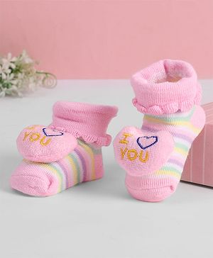 Cute Walk by Babyhug Ankle Length Sock Shoes with Stripes & Heart Applique - Pink