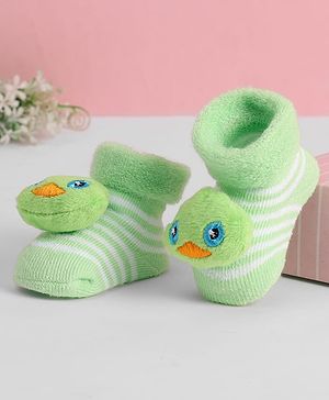 Cute Walk by Babyhug Ankle Length Sock Shoes with Stripes & Applique - Light Green