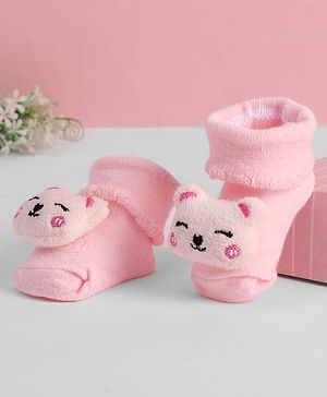 Cute Walk by Babyhug Ankle Length Sock Shoes with Bear Applique - Pink