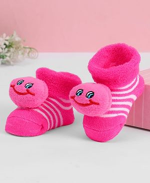 Cute Walk by Babyhug Ankle Length Sock Shoes with Stripes & Applique - Dark Pink