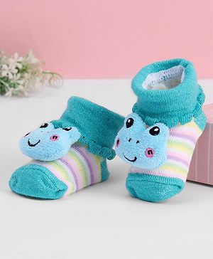 Cute Walk by Babyhug Ankle Length Sock Shoes with Stripes & Frog Applique - Turquoise