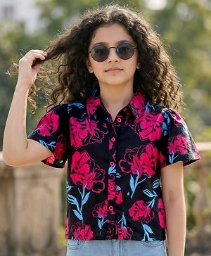 Pine Kids Woven Flutter Sleeves Shirt Style Top With Floral Print - Black