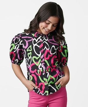 Pine Kids Woven Puff Sleeves Shirt Style Top With Heart Print - Black
