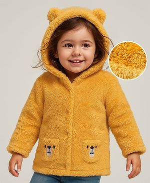 Babyhug Sherpa Fur Knit Full Sleeves Hooded Winter Fur Jacket With Ear Applique - Yellow