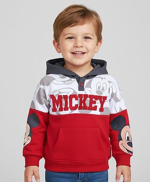 Babyhug Disney Terry Knit  Drop Shoulder Full Sleeves  Hooded Sweatshirt with Mickey Mouse Graphics & Kangaroo Pocket  - Red White & Grey