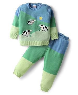 Babyhug Knit Full Sleeves Striped Animal Embroidered Pullover Sweater Set - Multi Colour