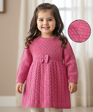 Babyhug Sweater Knit Full Raglan Sleeves Knee Length Solid Coloured Woollen Dress With Bow Applique - Pink
