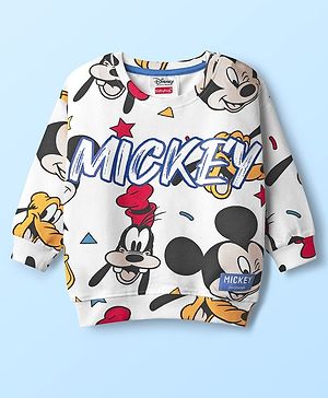 Babyhug Disney Terry Knit Drop Shoulder Full Sleeves Sweatshirt With Mickey & Friends Print & Badge Detailing - White