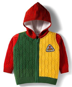 Babyhug Knit Full Sleeves Front Open Hooded Sweater with Color Block Design & Adventure Patch - Red Green & Yellow