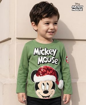 Babyhug Disney Single Jersey Knit Full Sleeves T-Shirt with Mickey Mouse Graphics & Sequin Badge Detailing - Green