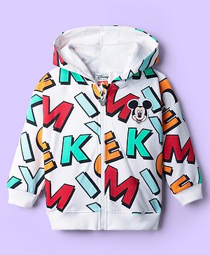 Babyhug Disney Terry Knit Oversize Drop Shoulder Full Sleeves Front Open Hooded Sweatjacket With Mickey Mouse Print - White