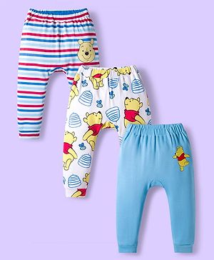 Babyhug Disney Interlock Knit Full Length Diaper Leggings with Winnie the Pooh Graphics & Stripes Pack of 3 - White & Light Blue