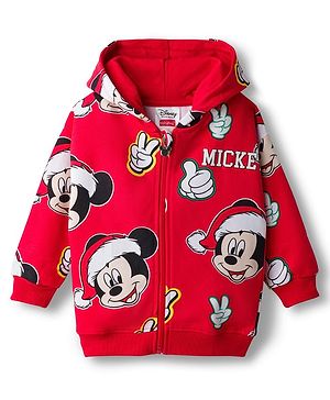 Babyhug Disney 100% Cotton Drop Shoulder Front Open Hooded Full Sleeves Sweatjacket With Mickey Mouse Print - Red