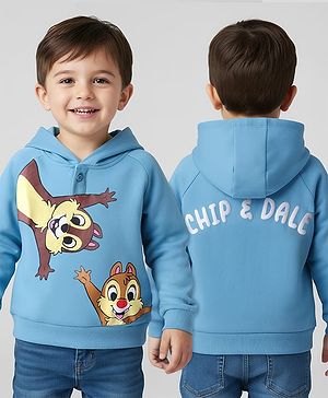 Babyhug Disney Terry Knit Full Raglan Sleeves Hooded Sweatshirt With Chip N Dale Graphics - Light Blue