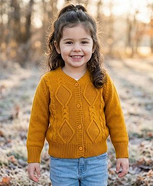 Babyhug Knit Full Sleeves Front Open Sweater with Cable Knit Design - Yellow