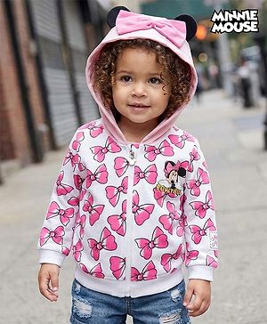Babyhug Disney Drop Shoulder Oversized Full Sleeves Hooded Sweatjacket With Bow Applique & Minnie Mouse Print - Pink