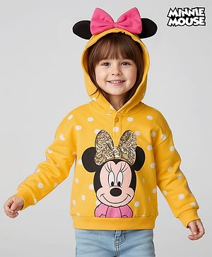 Babyhug Disney Terry Knit Full Sleeves Hooded Sweatshirt With Minnie Mouse Graphics & Bow Applique - Yellow
