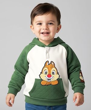 Babyhug Disney Terry Knit Full Raglan Sleeves Hooded Sweatshirt with Chip n Dale Patch Detailing & Kangaroo Pocket - Green & White