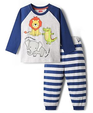 Babyhug Cotton Knit Full Raglan Sleeves Night Suit With Animal Print - Blue