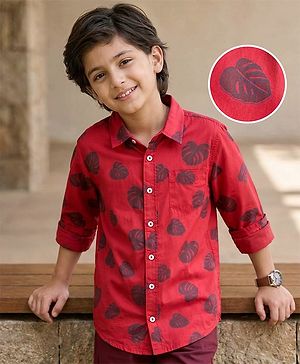 Pine Kids Cotton Woven Full Sleeves Shirt With Leaves Print - Red