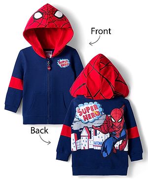 Babyhug Marvel Terry Knit Full Sleeves Front Open Hooded Sweatshirt with Cut & Sew Design Kangaroo Pocket & Front & Back Spider-Man Graphics - Navy Blue & Red