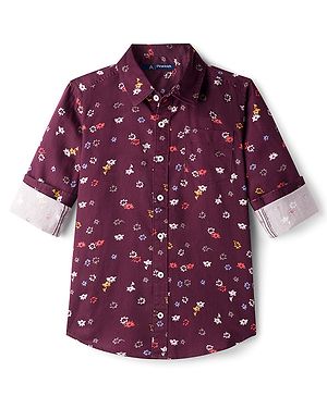 Pine Kids Cotton Woven Full Sleeves Shirt With Floral Print - Wine