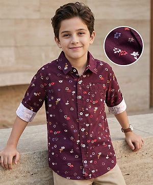 Pine Kids Cotton Woven Full Sleeves Shirt With Floral Print - Wine