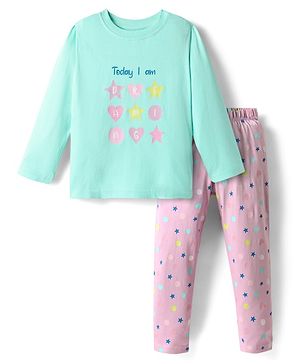Babyhug Cotton Knit Full Sleeves Night Suit With Star Print - Light Blue & Lilac