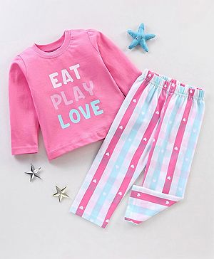 Babyhug Cotton Knit Full Sleeves Night Suit With Text Print - Pink